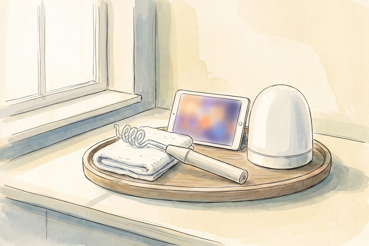 A quiet treatment room still life: a facial handpiece with a small clear spiral tip resting on a tray beside a folded white towel, a tablet-style screen showing only abstract soft shapes, and a small dome light; no people, no logo, no readable writing; a generated illustration, not a photograph