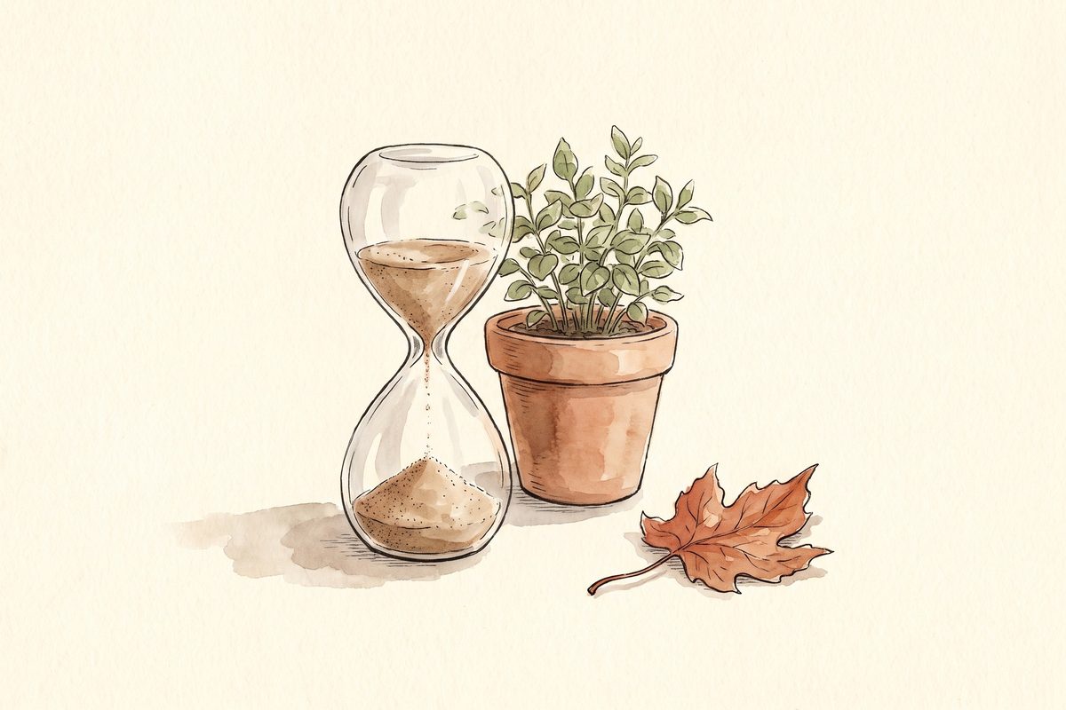 A hand-drawn ink and watercolour still life of an hourglass on warm paper, a soft brush-stroke of colour fading from one half to the other, no readable writing, no people, no needle, no logo; a generated illustration, not a photograph