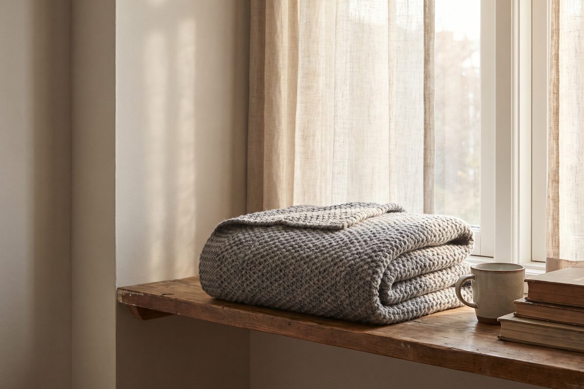 A soft grey knitted blanket folded on a plain daylit shelf, no baby, no patient, nothing clinical in frame
