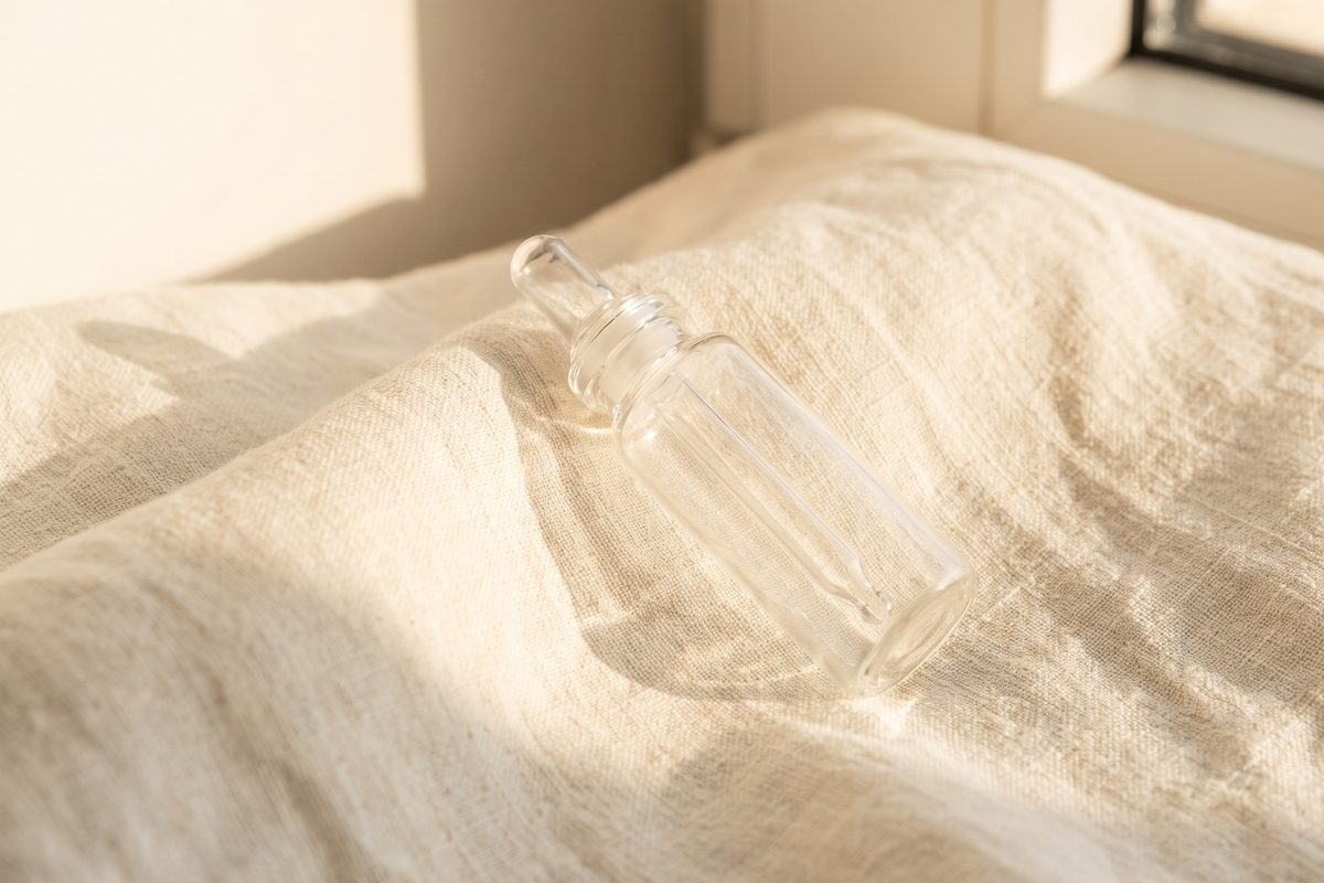 A single glass vial and dropper on plain linen, still life, soft light, no branding and no lettering