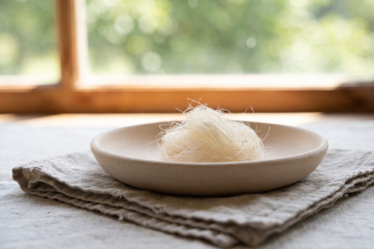 A shallow pale ceramic dish holding a small mound of fine cream-coloured fibres on a folded linen cloth in soft daylight, a still life; a generated image, not a photograph of a real scene