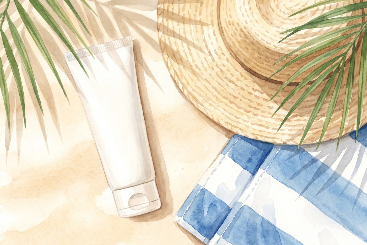 Watercolour of a plain sunscreen tube, a straw hat and a striped towel in bright sun with palm-leaf shadows