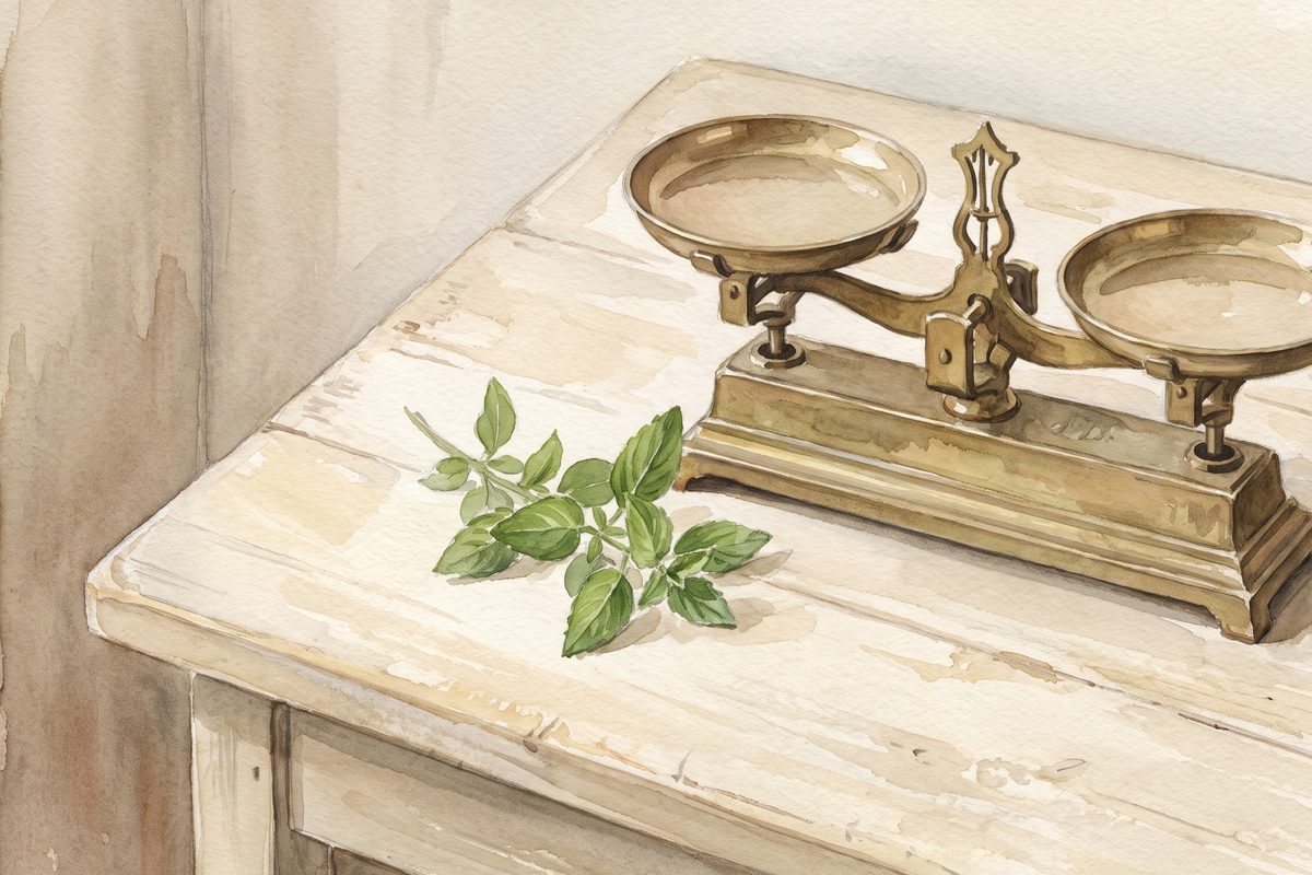 A watercolour still life of an antique brass balance scale with two empty pans beside a sprig of green leaves on a pale wooden table