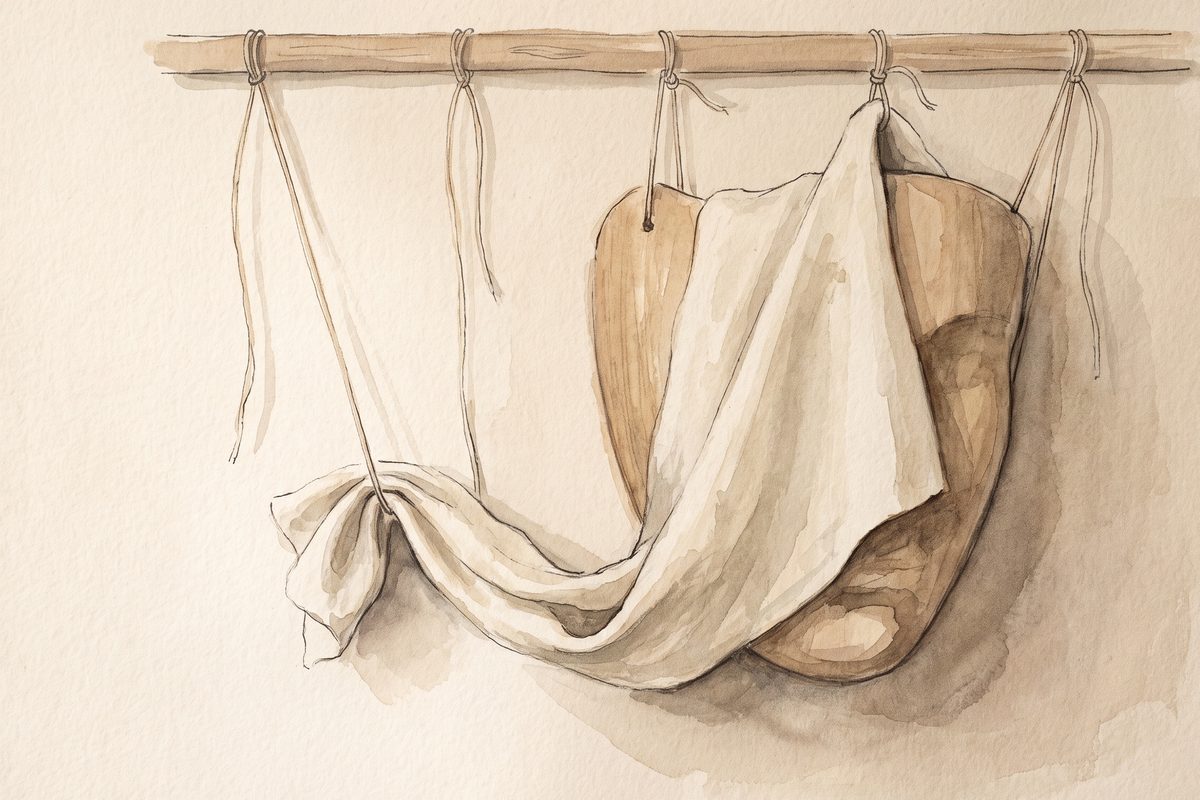 Watercolour and ink still life: a length of cream linen draped over a carved wooden form, tied with fine threads to a wooden rail above; where a thread has slackened the cloth sags into a fold along its lower edge; no people; a generated illustration, not a photograph