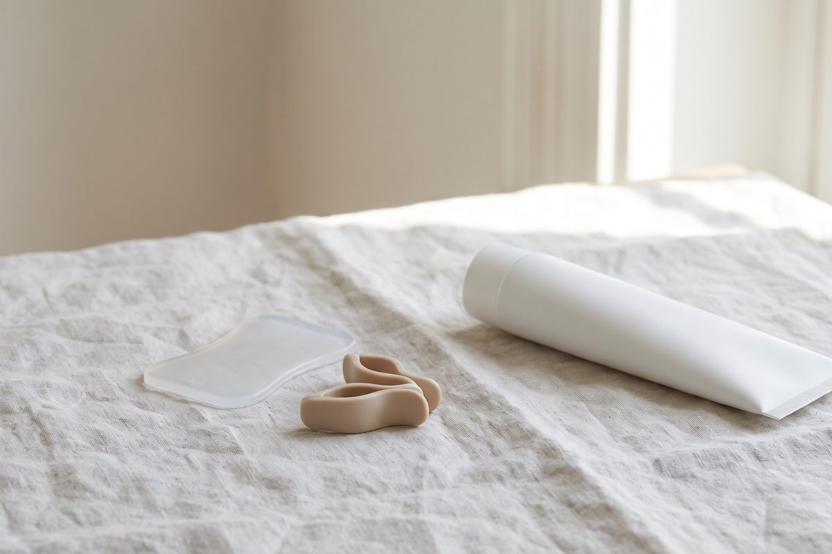 A quiet still life on pale linen in soft daylight: a clear silicone gel sheet, a pair of soft earlobe pressure clips and a plain white tube, no lettering, no people; a generated image, not a photograph of the clinic