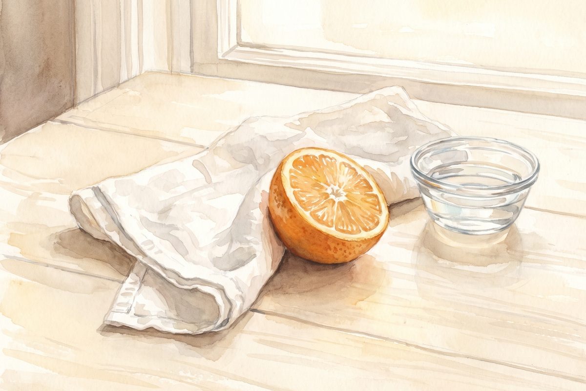 A watercolour still life of a halved fresh orange showing its textured peel beside a folded white towel and a small glass bowl of water on a pale wooden table