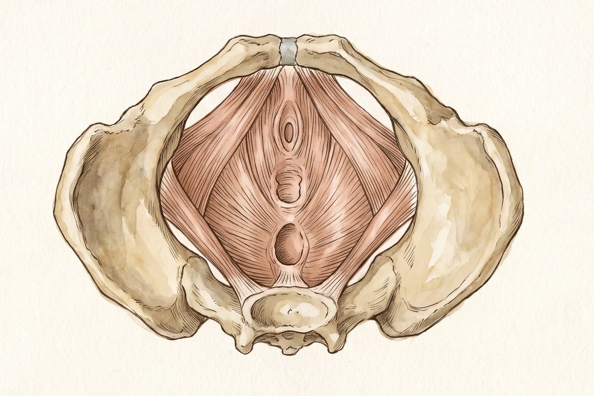 Plat anatomi dakwat dan cat air lukisan tangan bagi otot lantai pelvis wanita dilihat dari bawah, otot berlapis berwarna merah jambu lembut di antara tulang pelvis berwarna krim, di atas kertas hangat, tanpa orang, tanpa teks; ilustrasi janaan, bukan gambar foto