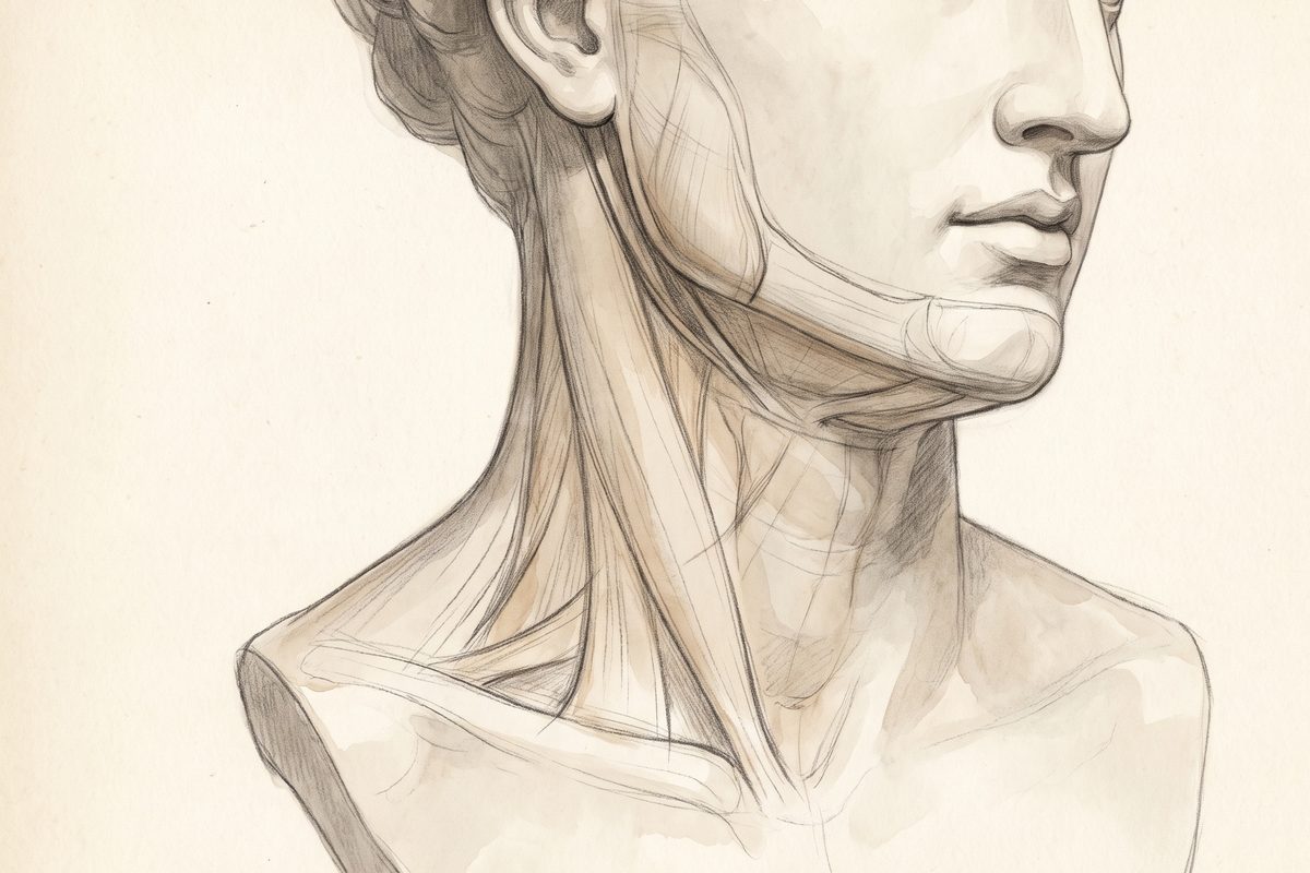 Pencil and soft watercolour study of a classical marble bust in three-quarter view, the neck and jawline drawn with fine guide lines like an atelier anatomy sheet; a generated illustration, not a photograph