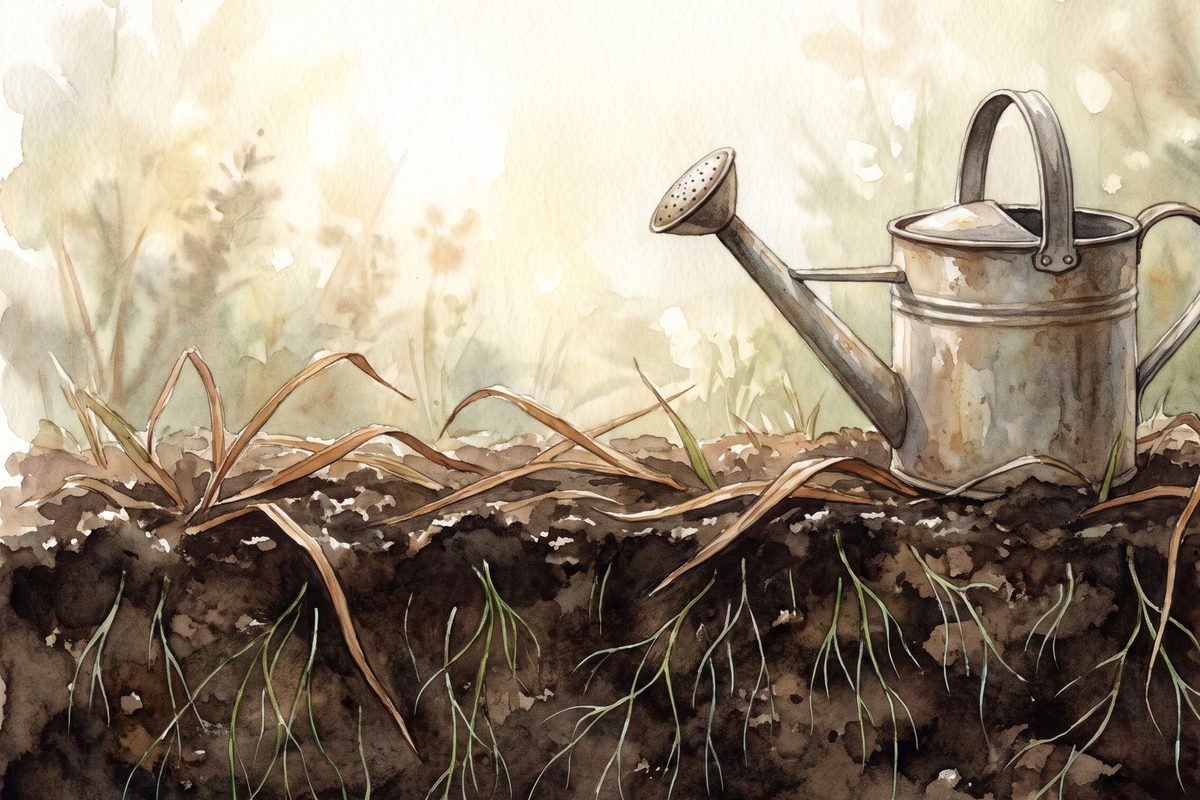 Watercolour of a garden bed where old blades of grass lie fallen on the soil while fine new shoots rise through