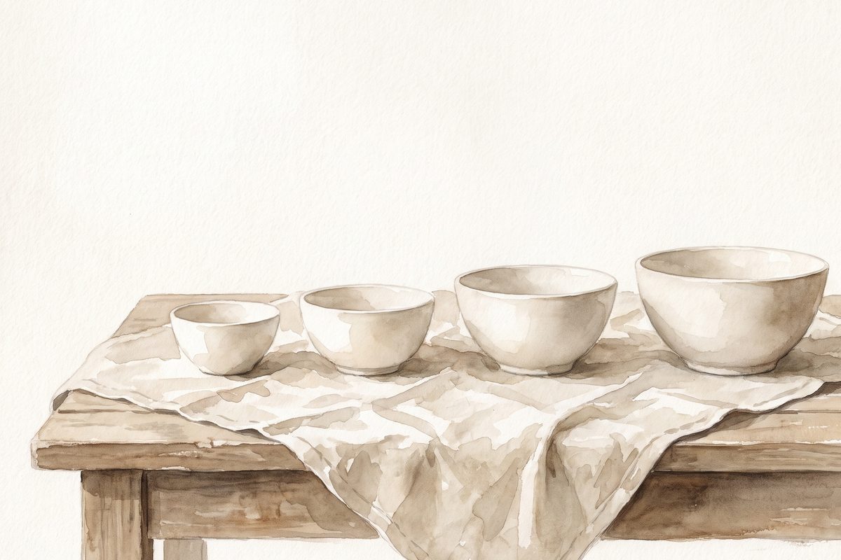 A watercolour still life of four plain white ceramic bowls of gently increasing size in a row on a pale linen cloth