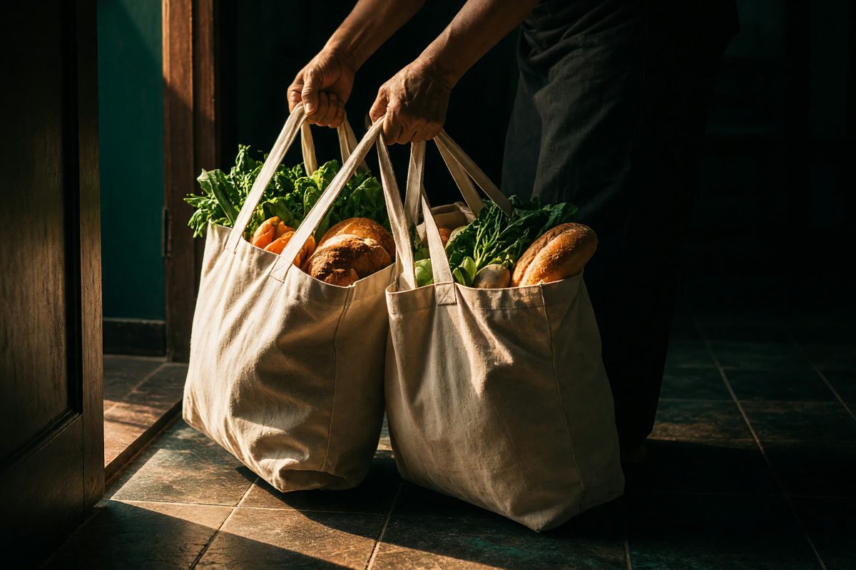Dua beg kanvas berisi roti, lobak merah dan sayur hijau diangkat pada pemegangnya di pintu depan dalam cahaya petang yang rendah, wajah di luar bingkai; imej janaan, bukan gambar foto
