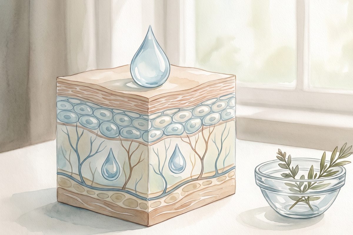 Watercolour diagram of skin layers in cross-section with water drops, beside a small glass bowl and a sprig of green by a window
