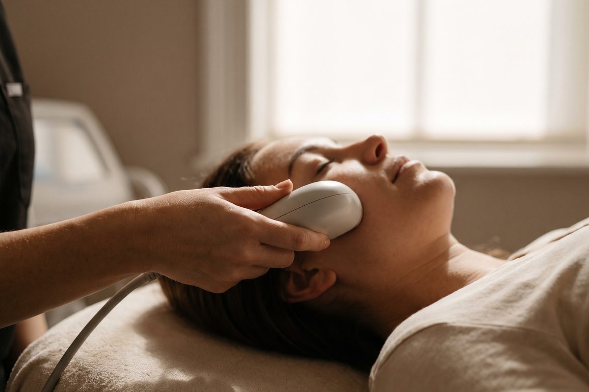A practitioner's hand holding a smooth white treatment handpiece against the cheek of a relaxed woman lying on a treatment couch, soft window daylight, no text