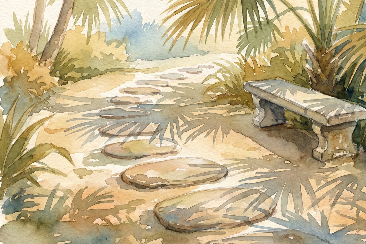 Watercolour of a quiet tropical garden path with long morning shadows of palm leaves across stepping stones and a stone bench