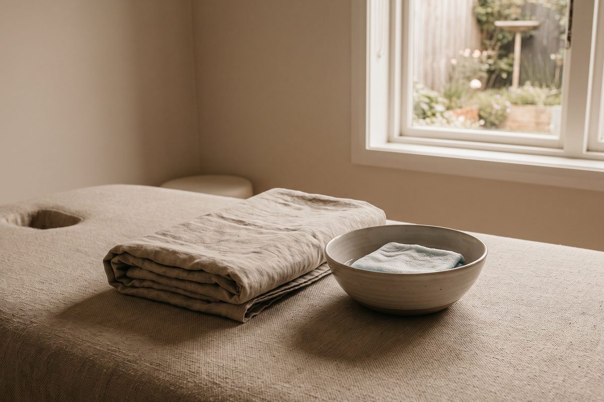 A folded pale grey towel and a small ceramic dish of water on a light wooden bench in soft daylight, a calm still life with no people, text, devices or packaging