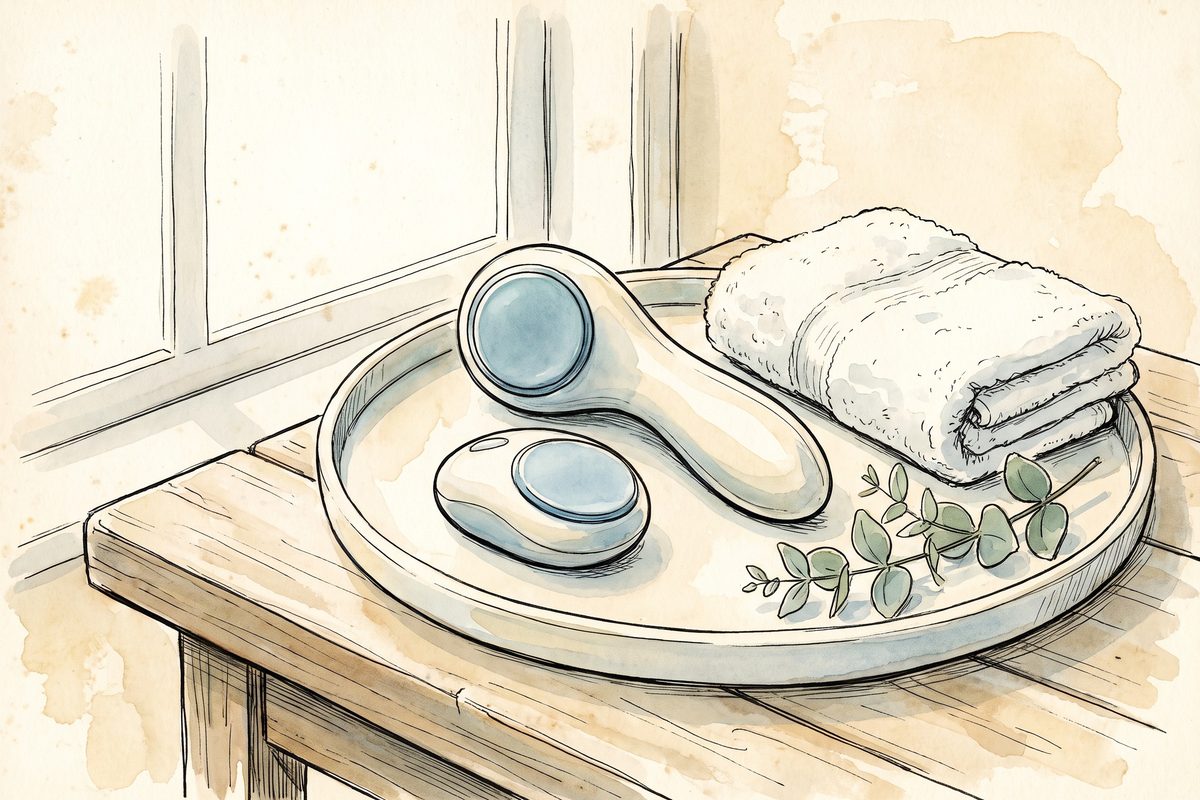 A calm clinical still life: two microwave body contouring handpieces of different sizes resting side by side on a clean tray, one larger and one small, with a soft cooling plate visible on each face; no people, no logo, no readable writing; a generated illustration, not a photograph