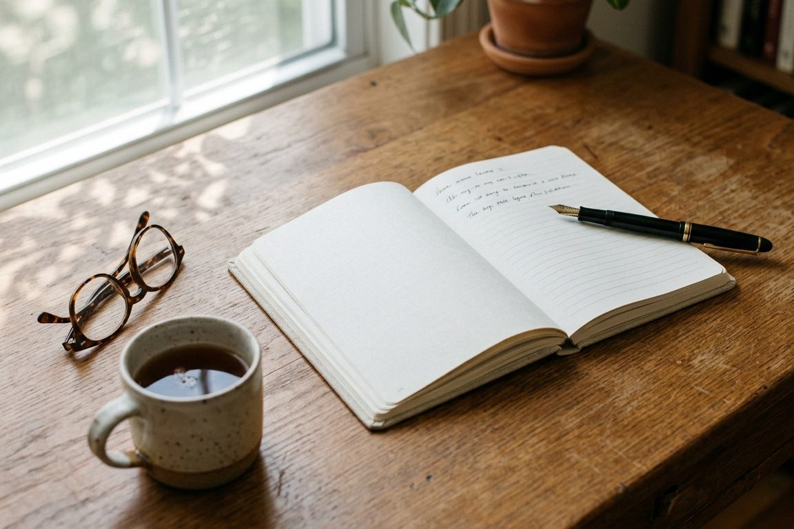 An open notebook and a pen set down on a warm wooden desk by a window, a paused moment before acting.
