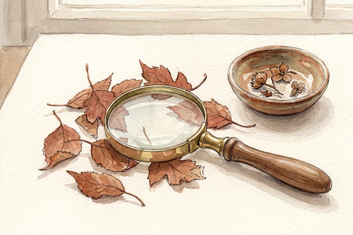 Watercolour of a magnifying glass resting over a scatter of autumn leaves beside a small ceramic dish