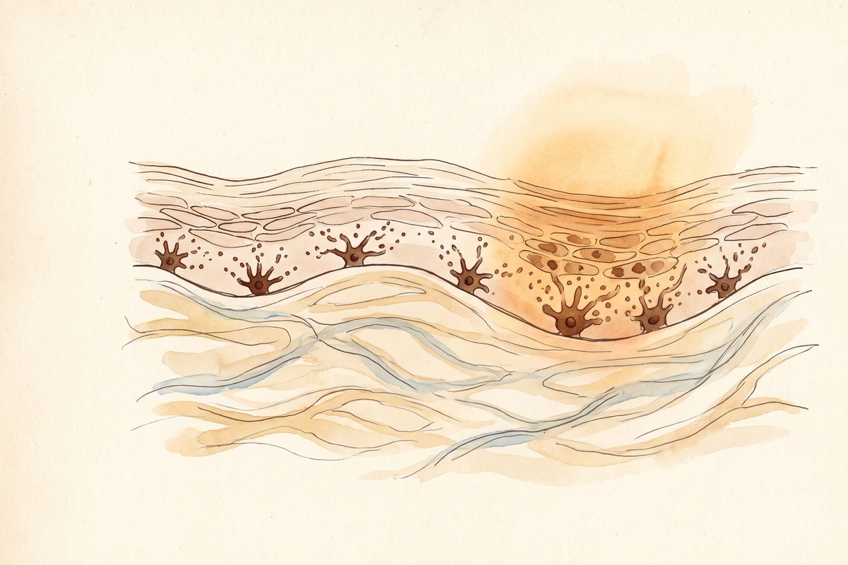 A hand-drawn ink and watercolour cross-section of skin layers with star-shaped pigment cells along the base of the top layer, one area warmed by light where the cells hold more pigment, no text