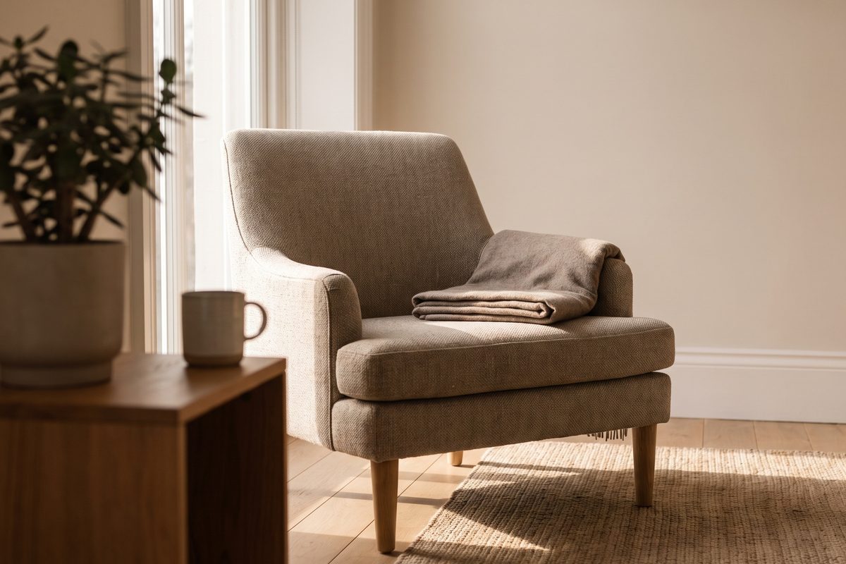 An empty consultation room chair in soft morning light by a window, no baby, no patient, nothing clinical in frame