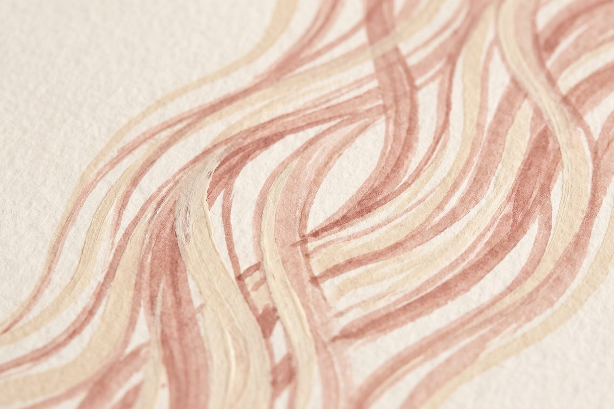 A hand-drawn ink and watercolour study of fine, woven collagen fibres in cream and soft rose tones on textured paper; a generated image, not a photograph of a real scene (PROVISIONAL, check against the final image)