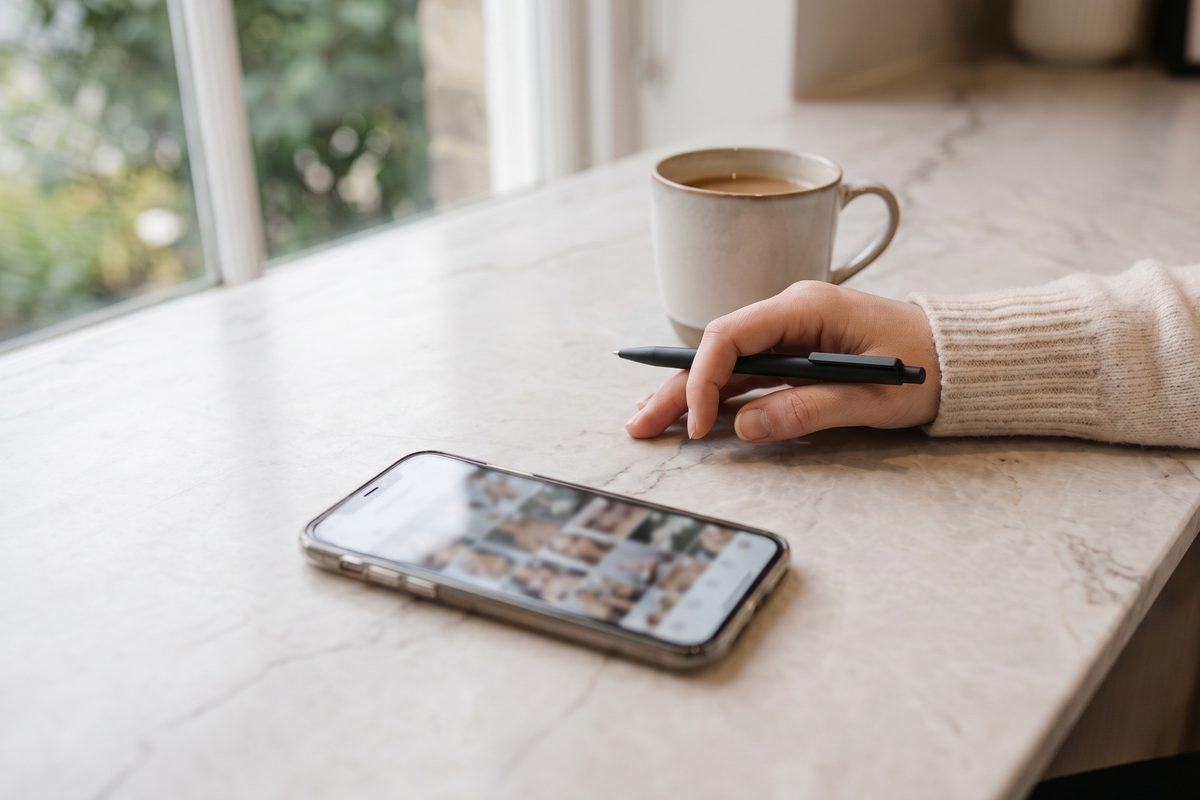 A phone lying face up on a pale marble counter in daylight, the screen showing an unreadable grid of soft blurred images, no faces and nothing legible