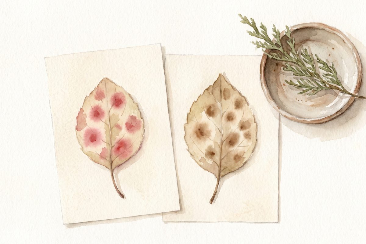 Watercolour of two leaves on cream paper, one with rosy red spots and one with brown spots, beside a small dish and a sprig of green