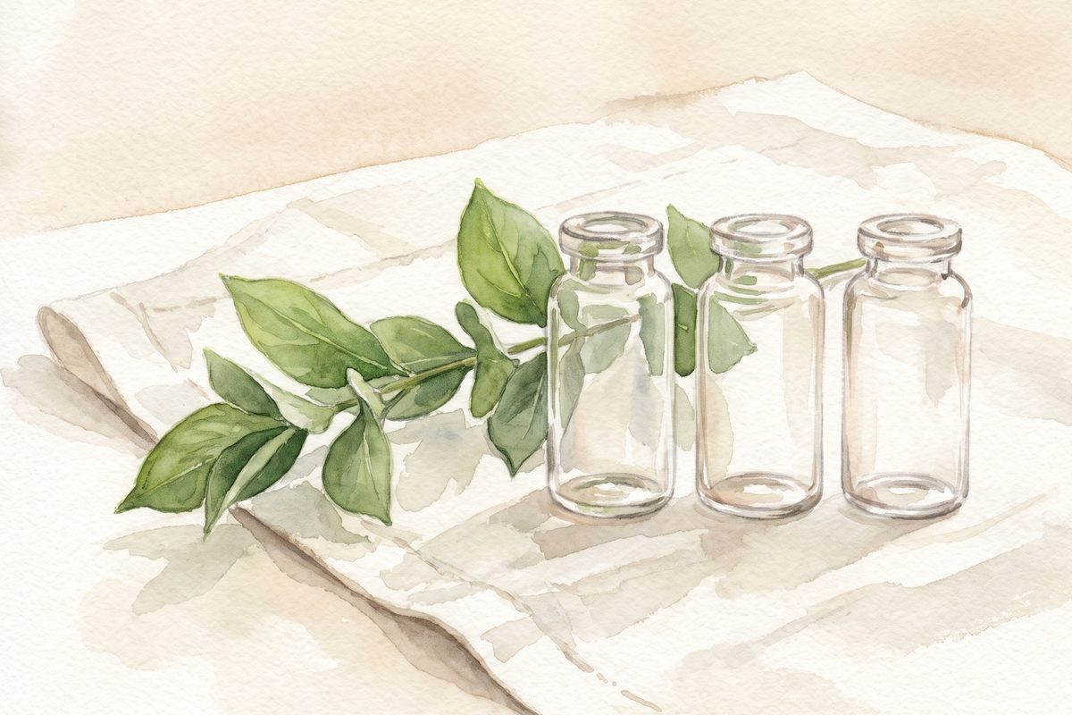 Watercolour of three small clear glass vials without labels on a linen cloth beside a sprig of green leaves