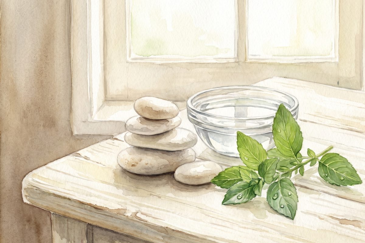 A watercolour still life of a small stack of smooth pale river stones beside a shallow glass dish of water and a sprig of green leaves on a pale wooden table by a window