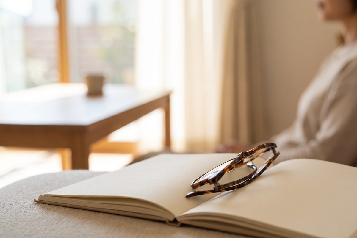 A plain daylight photograph of a pair of reading glasses resting closed on an open notebook, no face visible, calm and undramatic
