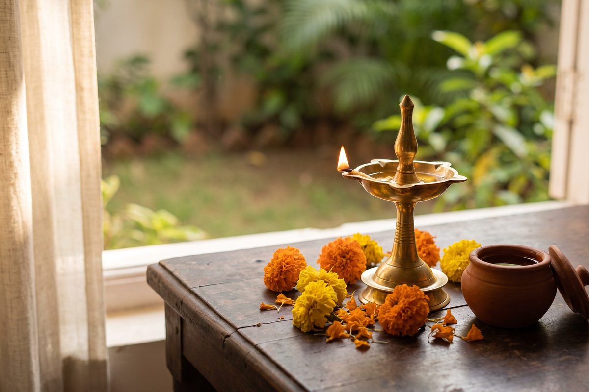 SEMENTARA: sebuah pelita tembaga (diya) menyala di sebelah longgokan bunga marigold oren di atas meja kayu dalam cahaya hangat, tiada orang, tiada teks