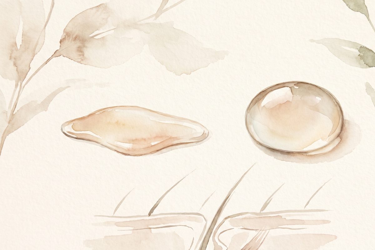 A painted plate of a single dew drop resting on a pale green leaf beside a smooth glass pebble, no people and no text