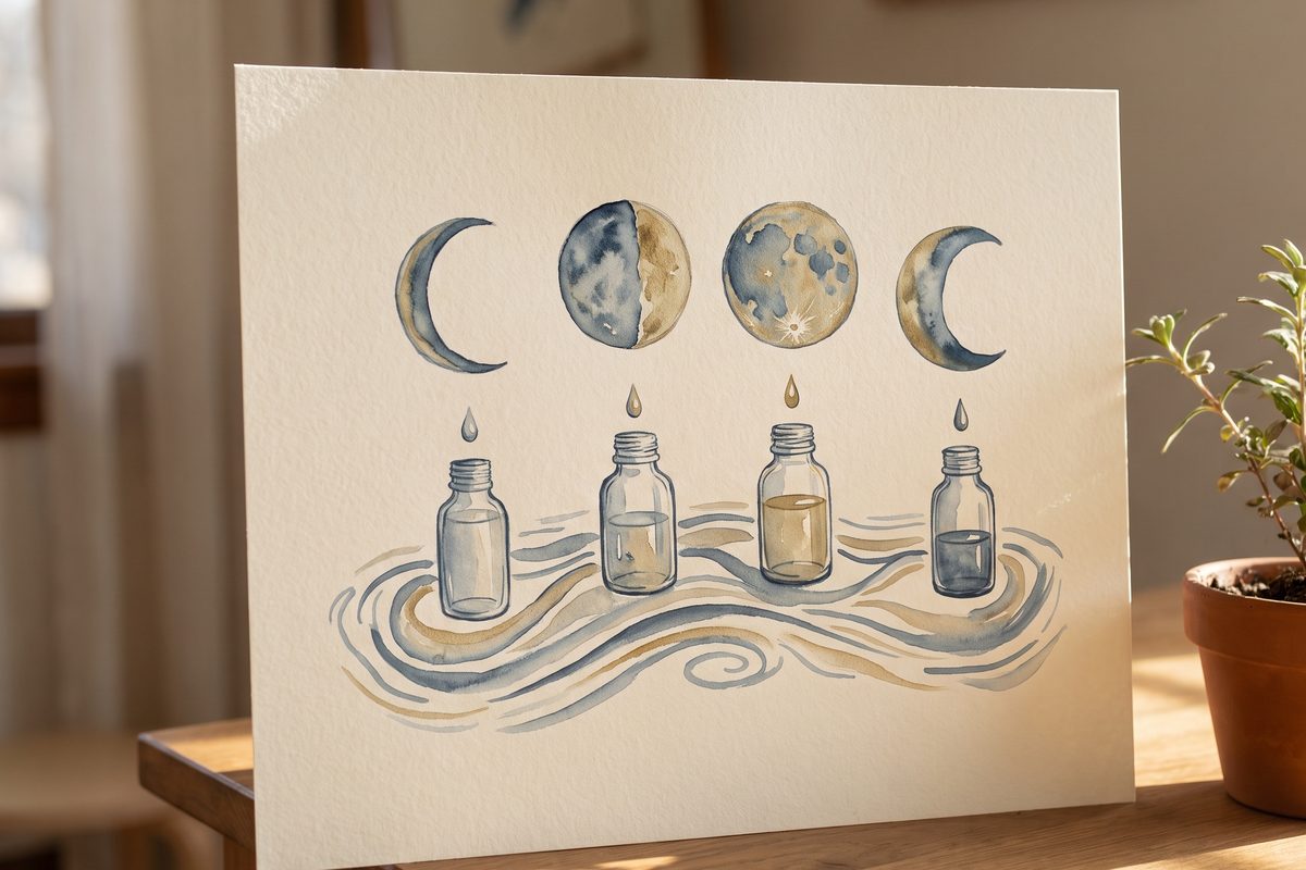 Four small unlabelled glass bottles in a row on a pale daylit counter, each a little further into shadow, like the phases of the moon, no face and no lettering
