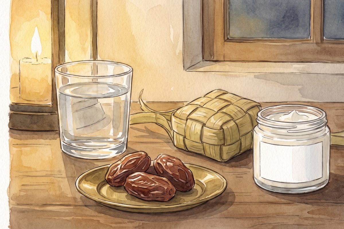 A hand-drawn ink and watercolour still life at dusk: a glass of water, dates on a brass plate, a woven ketupat and a plain jar of cream on a wooden table, with a lit candle and a window behind, no people, no text; a generated illustration, not a photograph