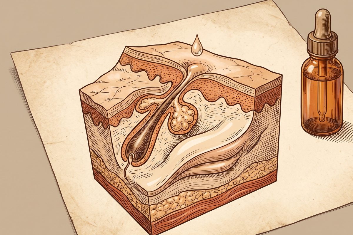 A hand-drawn ink and watercolour anatomical plate of skin in cross-section showing a hair follicle and pore with its contents rising and emptying onto the surface, warm paper, no face, no text; a generated illustration, not a photograph