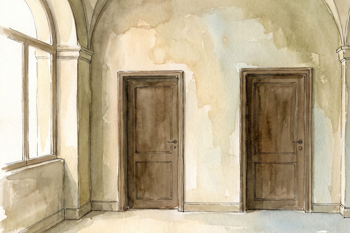 Two identical doors set into a quiet corridor wall, ink and wash, no signage, no lettering, no people