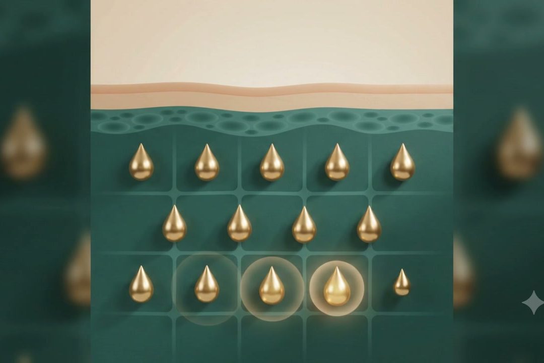 A close animation still showing small brass-coloured droplets distributed in a cross-section of the dermis layer, against a dark background, no patient visible