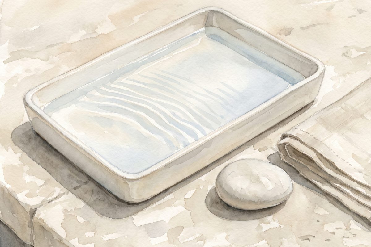 A watercolour still life of a shallow white ceramic tray of water with soft parallel ripples of light, a smooth pale pebble and a folded linen cloth on a pale stone surface