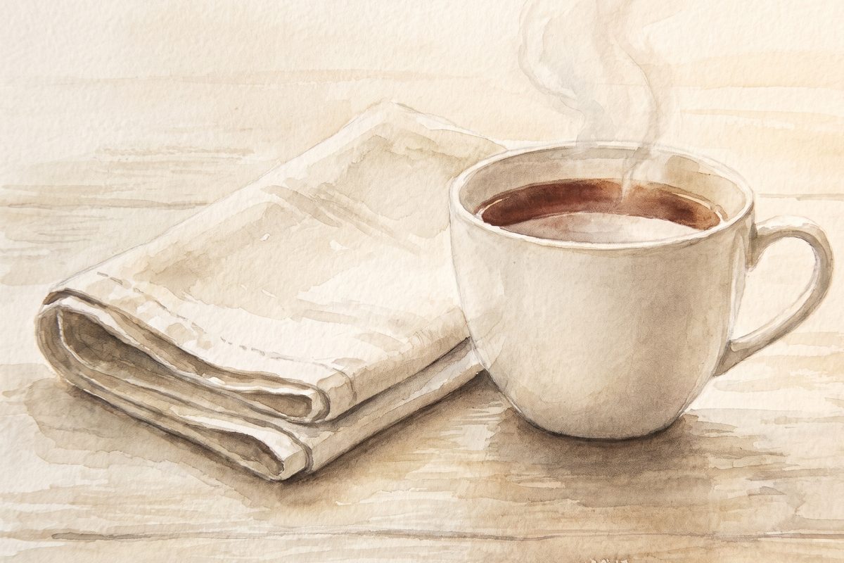 A watercolour still life of a plain white cup of tea with a gentle curl of steam beside a folded linen cloth on a pale wooden table