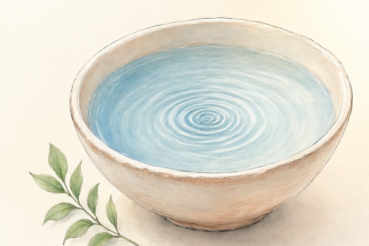 Two smooth ceramic bowls on a pale wooden table in soft daylight, one holding a folded linen cloth and one a cool grey stone, a still life with no people, no devices on skin, no needles and no logos