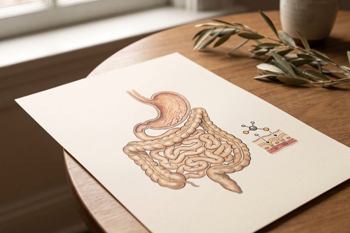 Segelas air, napkin linen yang dilipat dan mangkuk kecil buah-buahan di atas meja oak pucat dalam cahaya pagi dari tingkap, gambar pegun yang tenang tanpa orang
