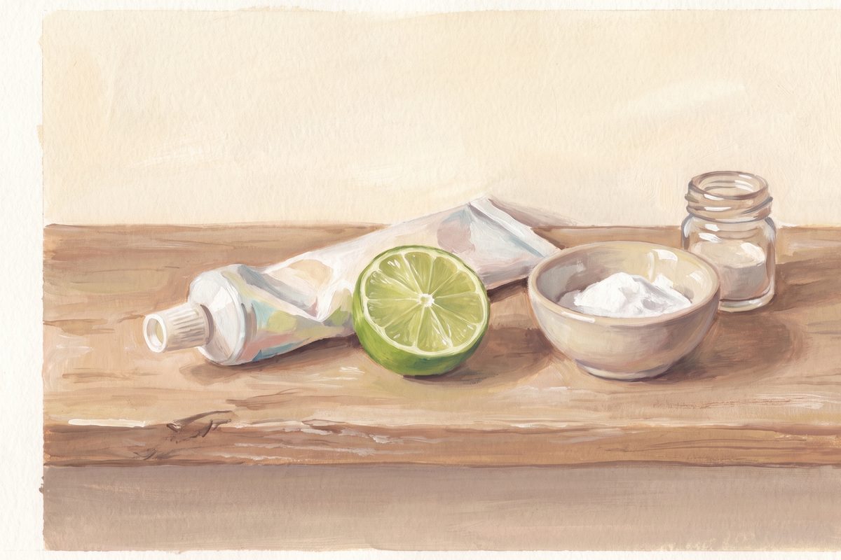 Lukisan gouache still life di atas rak kayu: tiub ubat gigi yang dipicit, sebelah limau nipis, mangkuk kecil serbuk baking soda putih dan sebuah balang kaca kecil, latar krim hangat, tanpa orang, tanpa teks; ilustrasi janaan, bukan gambar foto