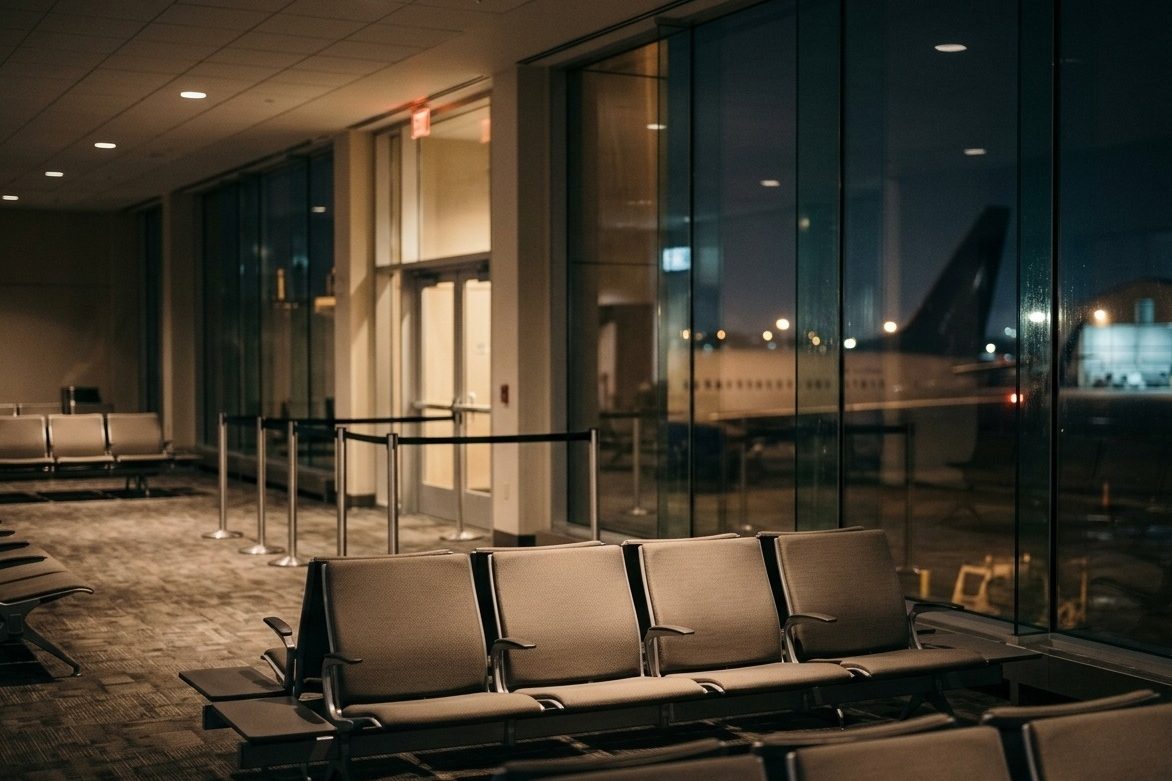 Empty airport gate seats by a terminal window at night, an aircraft waiting beyond the glass.