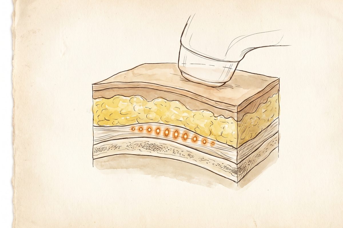 A hand-drawn ink and watercolour block of tissue in cross-section, skin over a yellow fat layer and a deeper fibrous layer, with a row of small warm focal points of heat beneath a transducer outline, no text