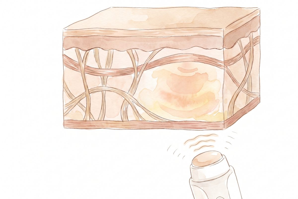 Watercolour diagram of skin layers in cross-section with an ultrasound transducer below sending soft waves upward