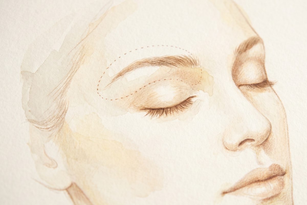 A hand-painted watercolour study of an open eye and the arch of the brow above it, a soft arrow marking the brow rising a few millimetres, on warm paper, no readable writing, no needle, no logo; a generated illustration, not a photograph