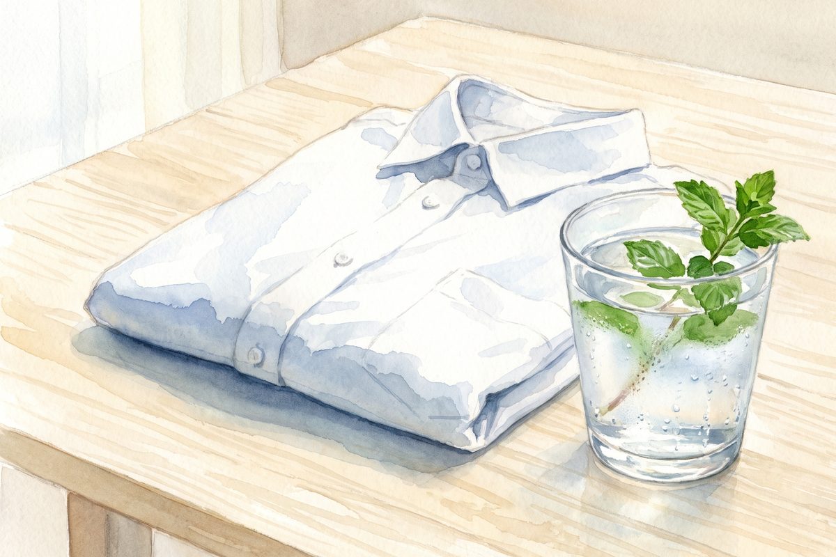 A watercolour still life of a neatly folded white cotton shirt beside a glass of cold water with condensation and a sprig of mint on a pale wooden table