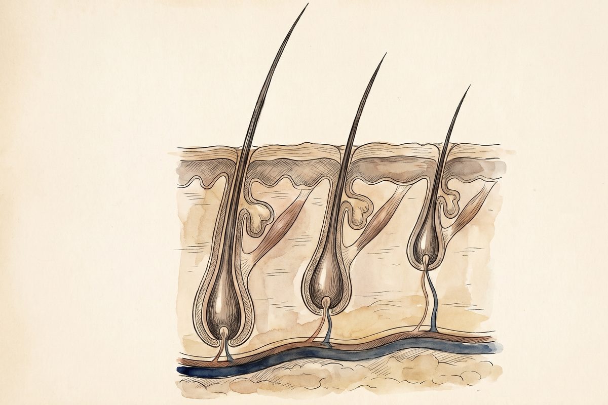 A hand-drawn ink and watercolour anatomical plate of skin in cross-section with three hair follicles and their dark hair shafts, long, mid and short, on warm paper, no people, no face, no text; a generated illustration, not a photograph