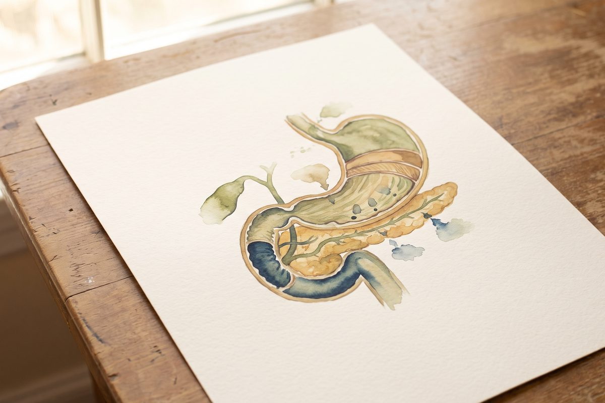 Watercolour anatomy plate of the stomach and pancreas on paper, lying on a wooden table by a window