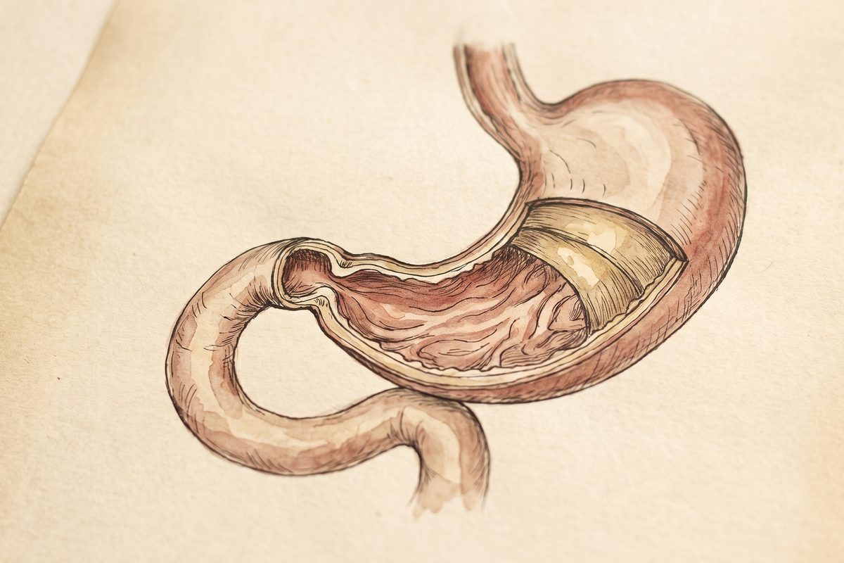 A hand-drawn ink and watercolour anatomical plate of the stomach cut open to show its folded lining, joined to the first loop of the small intestine, on warm paper, no text
